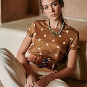 Sezane Andre Linen T-shirt - Camel with Ecru Polka Dots